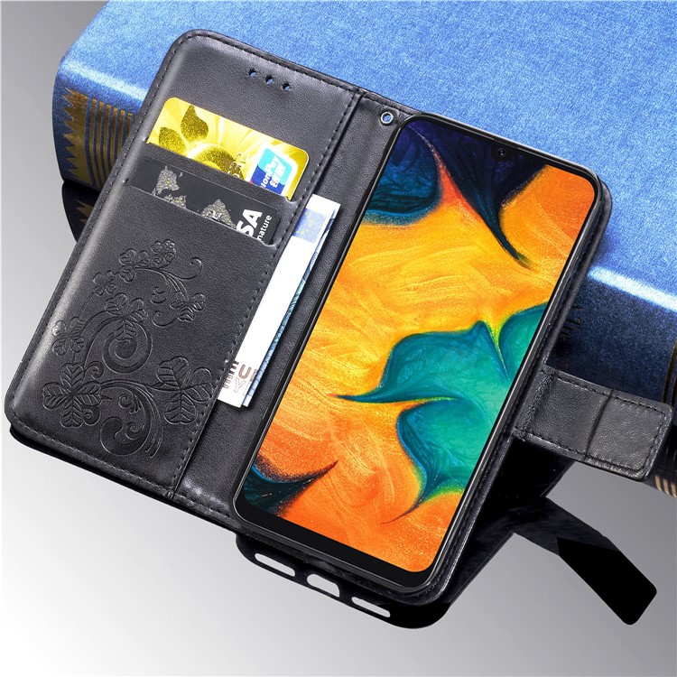 Imprint Four Leaf Clover Leather Wallet Stand Case with Strap for Samsung Galaxy A20 / A30 - Black-11