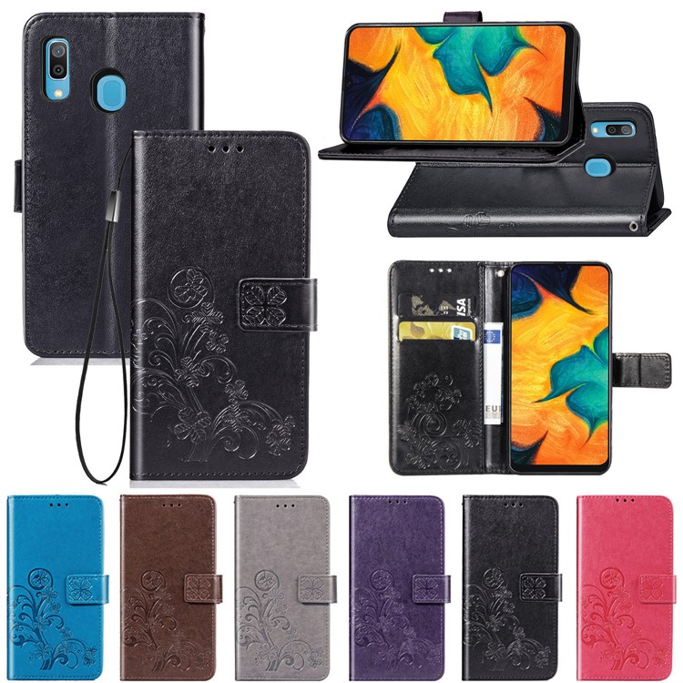 Imprint Four Leaf Clover Leather Wallet Stand Case with Strap for Samsung Galaxy A20 / A30 - Black-13