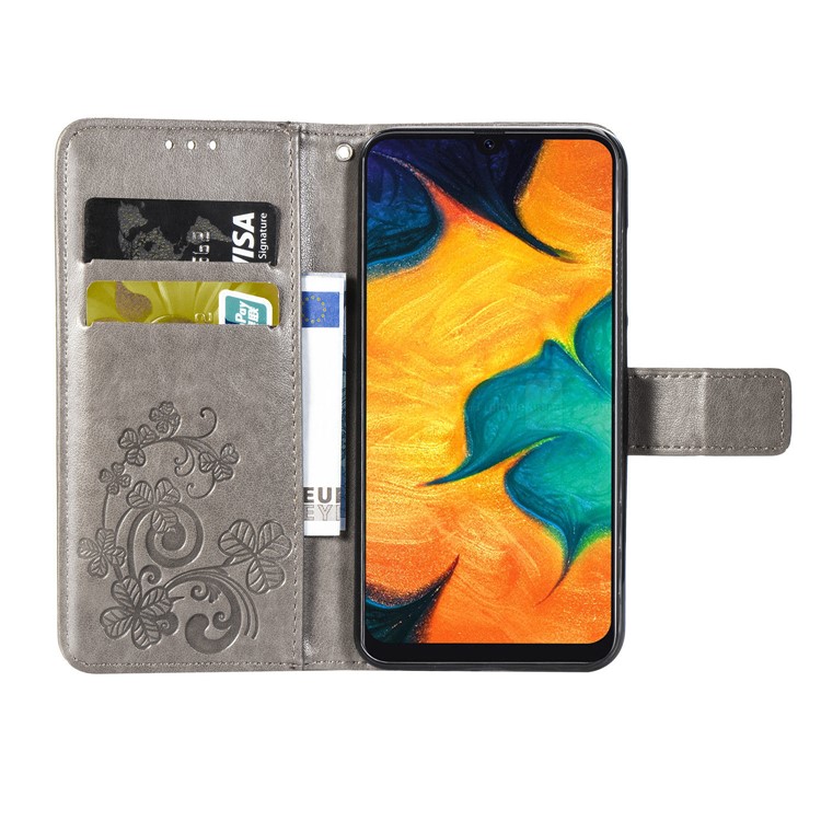 Imprint Four Leaf Clover Leather Wallet Stand Case with Strap for Samsung Galaxy A20 / A30 - Grey-4