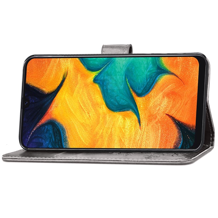 Imprint Four Leaf Clover Leather Wallet Stand Case with Strap for Samsung Galaxy A20 / A30 - Grey-5