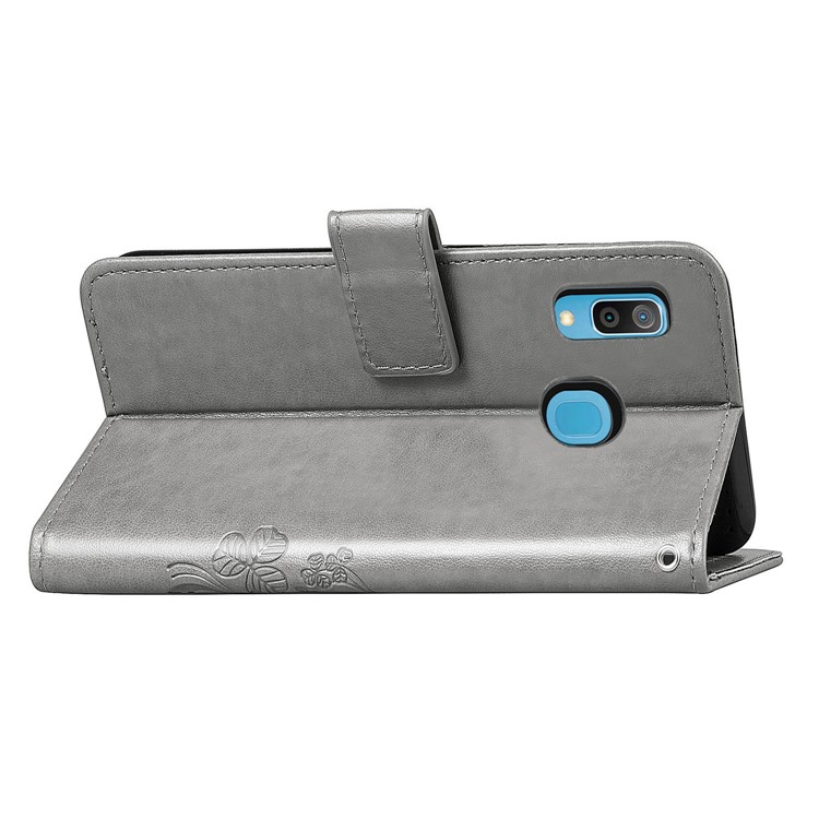 Imprint Four Leaf Clover Leather Wallet Stand Case with Strap for Samsung Galaxy A20 / A30 - Grey-6