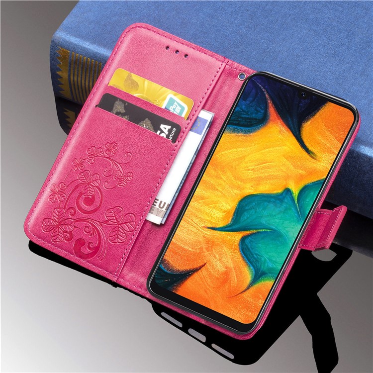 Imprint Four Leaf Clover Leather Wallet Stand Case with Strap for Samsung Galaxy A20 / A30 - Pink-14