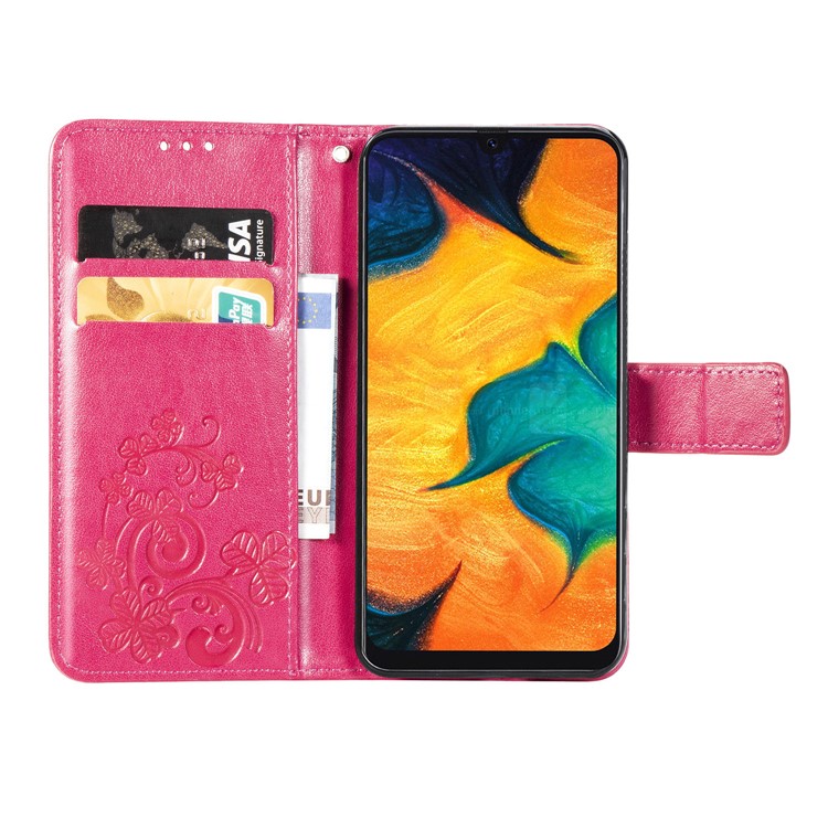 Imprint Four Leaf Clover Leather Wallet Stand Case with Strap for Samsung Galaxy A20 / A30 - Pink-4