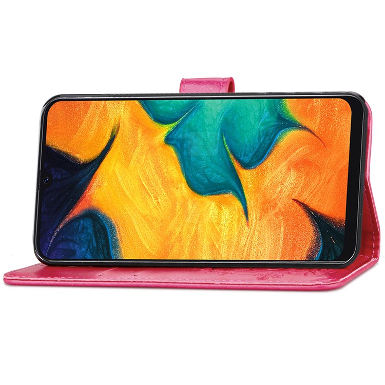 Imprint Four Leaf Clover Leather Wallet Stand Case with Strap for Samsung Galaxy A20 / A30 - Pink-5