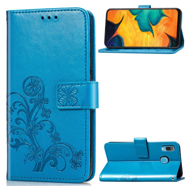 Imprint Four Leaf Clover Leather Wallet Stand Case with Strap for Samsung Galaxy A20 / A30 - Blue-1