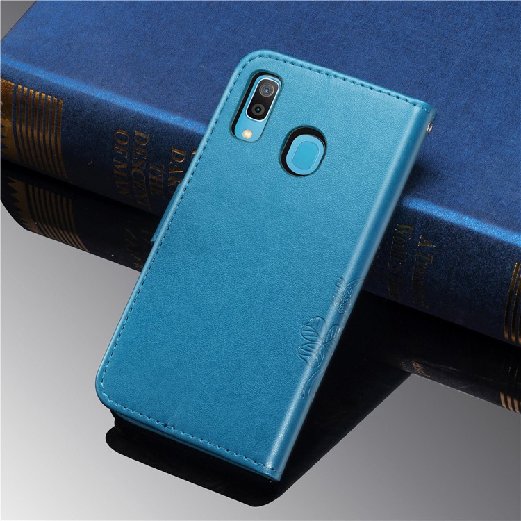 Imprint Four Leaf Clover Leather Wallet Stand Case with Strap for Samsung Galaxy A20 / A30 - Blue-11
