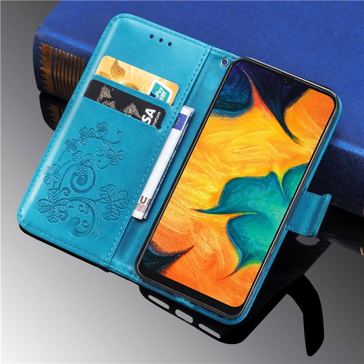 Imprint Four Leaf Clover Leather Wallet Stand Case with Strap for Samsung Galaxy A20 / A30 - Blue-12