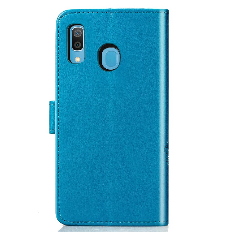 Imprint Four Leaf Clover Leather Wallet Stand Case with Strap for Samsung Galaxy A20 / A30 - Blue-3