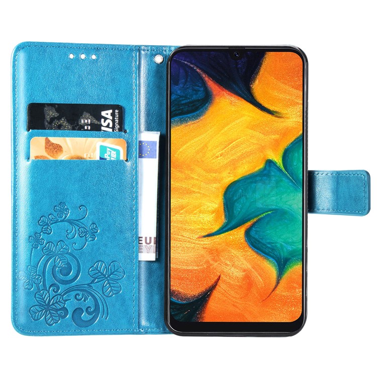 Imprint Four Leaf Clover Leather Wallet Stand Case with Strap for Samsung Galaxy A20 / A30 - Blue-4