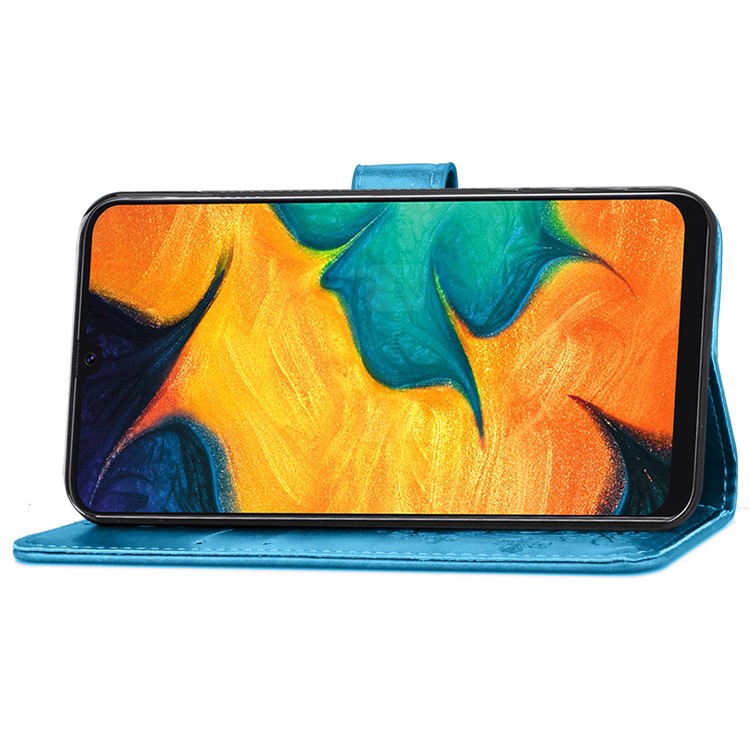 Imprint Four Leaf Clover Leather Wallet Stand Case with Strap for Samsung Galaxy A20 / A30 - Blue-5