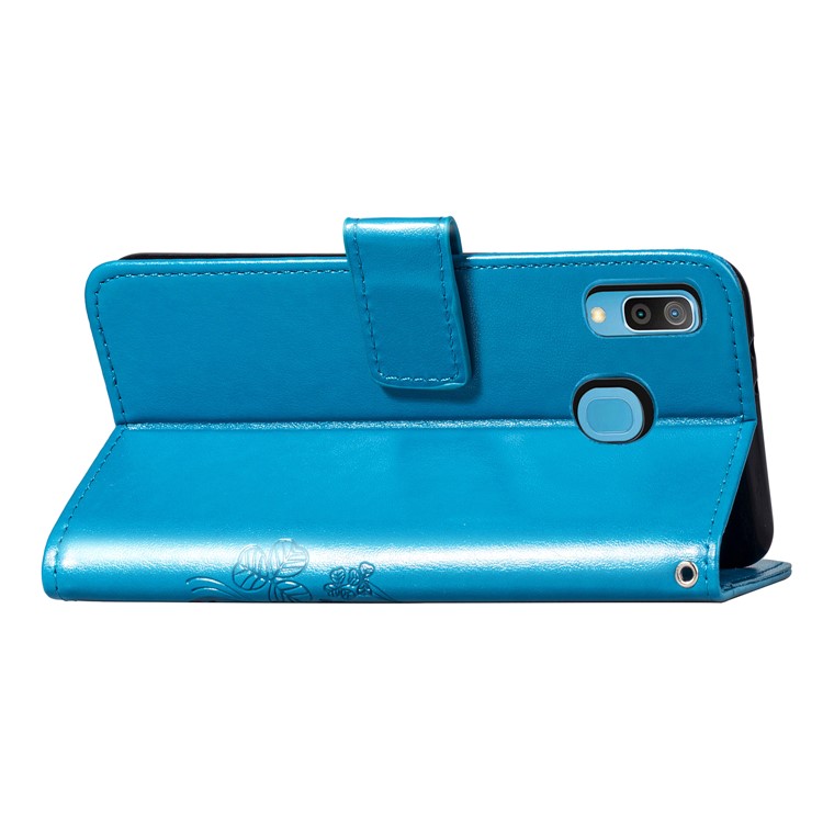 Imprint Four Leaf Clover Leather Wallet Stand Case with Strap for Samsung Galaxy A20 / A30 - Blue-6