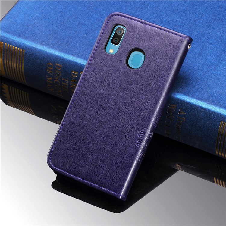 Imprint Four Leaf Clover Leather Wallet Stand Case with Strap for Samsung Galaxy A20 / A30 - Purple-11