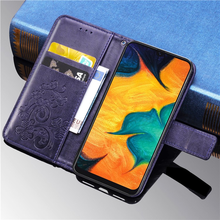 Imprint Four Leaf Clover Leather Wallet Stand Case with Strap for Samsung Galaxy A20 / A30 - Purple-12