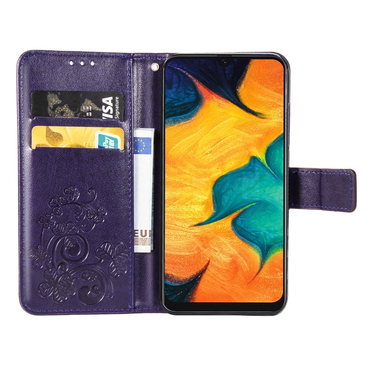 Imprint Four Leaf Clover Leather Wallet Stand Case with Strap for Samsung Galaxy A20 / A30 - Purple-4