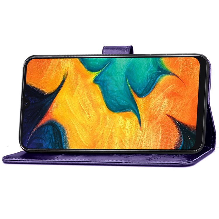 Imprint Four Leaf Clover Leather Wallet Stand Case with Strap for Samsung Galaxy A20 / A30 - Purple-5