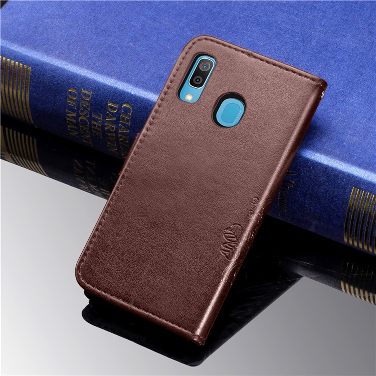 Imprint Four Leaf Clover Leather Wallet Stand Case with Strap for Samsung Galaxy A20 / A30 - Brown-10