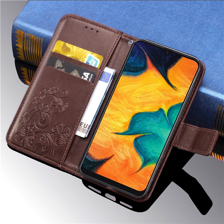 Imprint Four Leaf Clover Leather Wallet Stand Case with Strap for Samsung Galaxy A20 / A30 - Brown-11