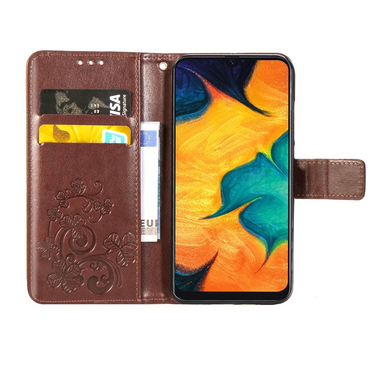 Imprint Four Leaf Clover Leather Wallet Stand Case with Strap for Samsung Galaxy A20 / A30 - Brown-4