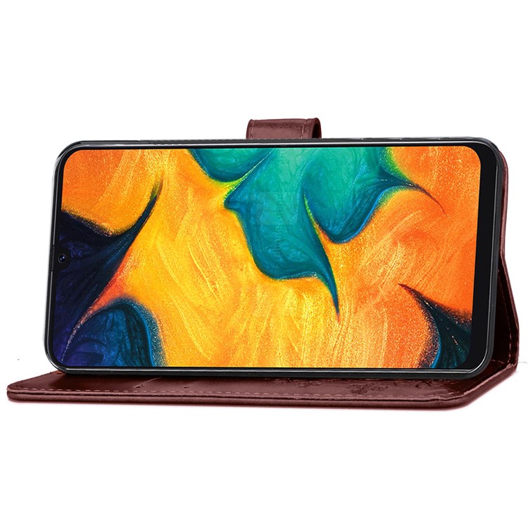 Imprint Four Leaf Clover Leather Wallet Stand Case with Strap for Samsung Galaxy A20 / A30 - Brown-5