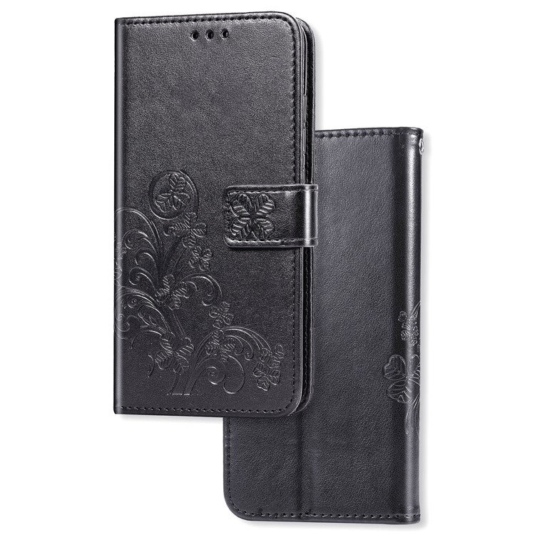 Imprint Four Leaf Clover Leather Wallet Stand Case with Strap for Samsung Galaxy A10 - Black-8