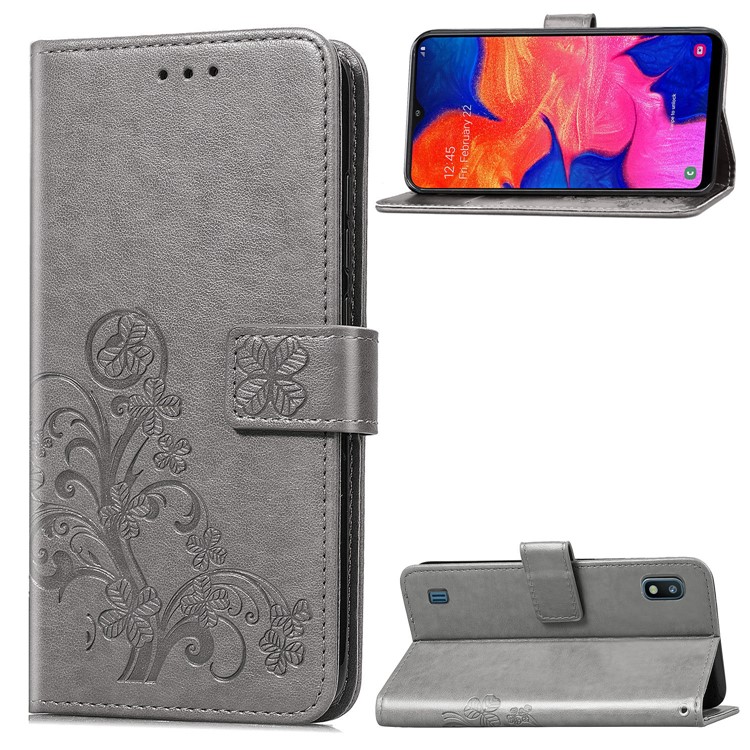 Imprint Four Leaf Clover Leather Wallet Stand Case with Strap for Samsung Galaxy A10 - Grey-1