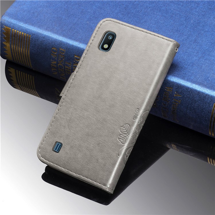 Imprint Four Leaf Clover Leather Wallet Stand Case with Strap for Samsung Galaxy A10 - Grey-11