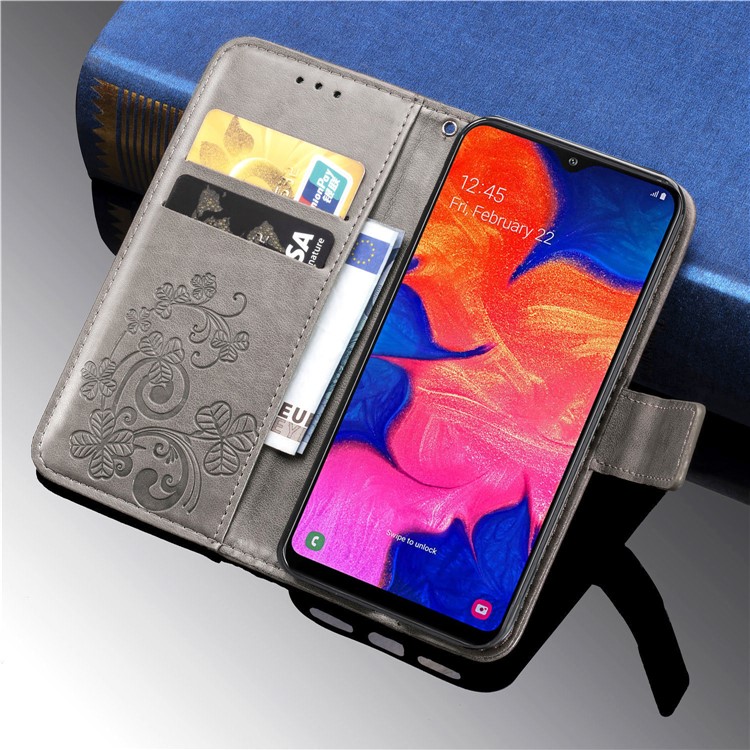 Imprint Four Leaf Clover Leather Wallet Stand Case with Strap for Samsung Galaxy A10 - Grey-12