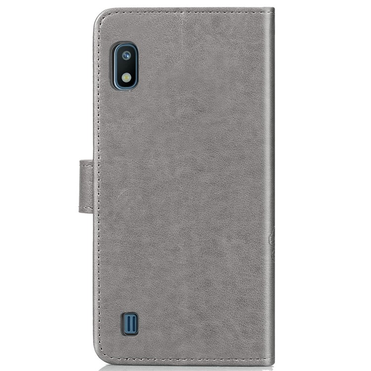 Imprint Four Leaf Clover Leather Wallet Stand Case with Strap for Samsung Galaxy A10 - Grey-3
