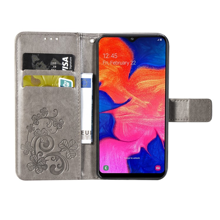 Imprint Four Leaf Clover Leather Wallet Stand Case with Strap for Samsung Galaxy A10 - Grey-4