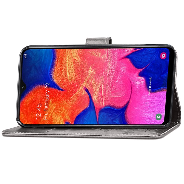 Imprint Four Leaf Clover Leather Wallet Stand Case with Strap for Samsung Galaxy A10 - Grey-5