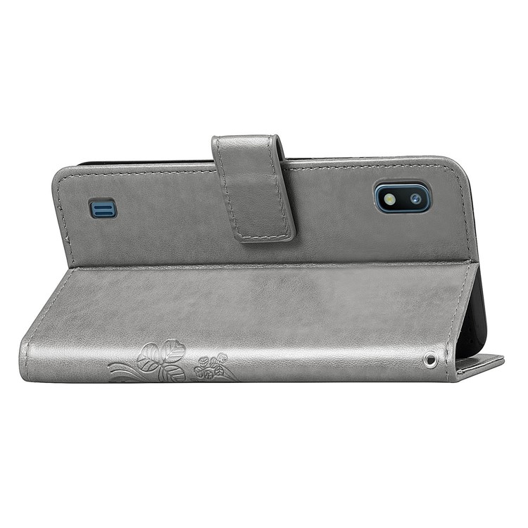 Imprint Four Leaf Clover Leather Wallet Stand Case with Strap for Samsung Galaxy A10 - Grey-6