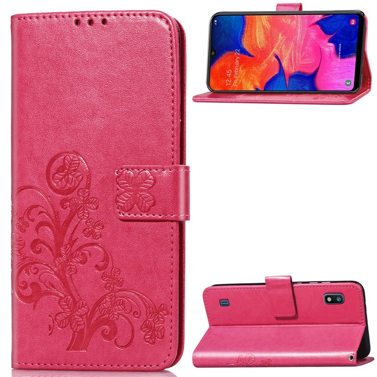 Imprint Four Leaf Clover Leather Wallet Stand Case with Strap for Samsung Galaxy A10 - Pink-1