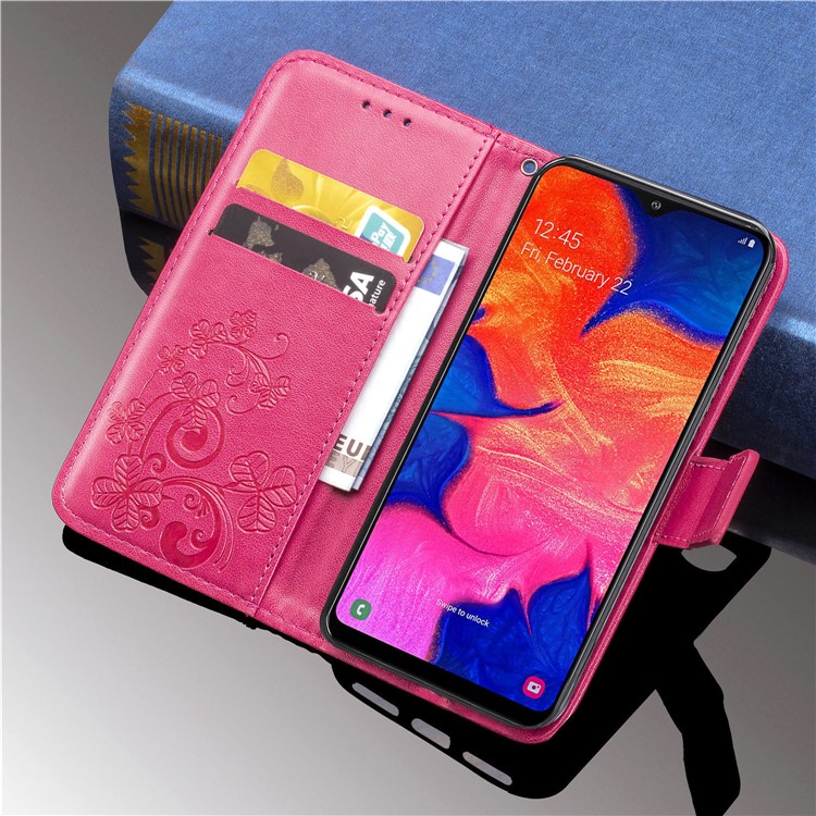Imprint Four Leaf Clover Leather Wallet Stand Case with Strap for Samsung Galaxy A10 - Pink-14