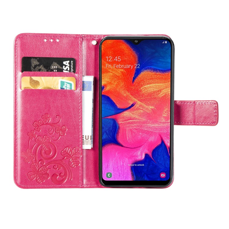 Imprint Four Leaf Clover Leather Wallet Stand Case with Strap for Samsung Galaxy A10 - Pink-4
