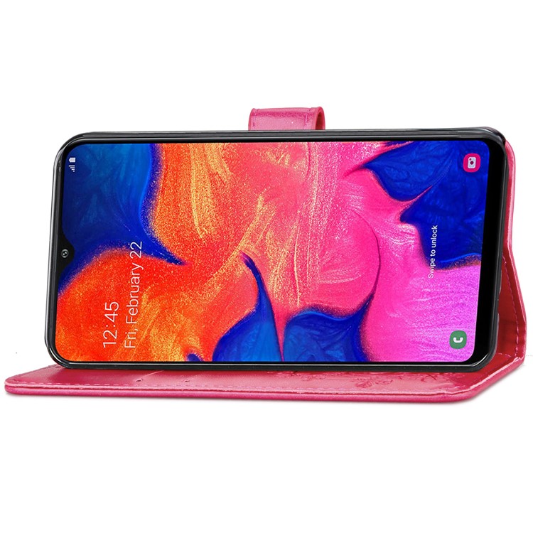 Imprint Four Leaf Clover Leather Wallet Stand Case with Strap for Samsung Galaxy A10 - Pink-5