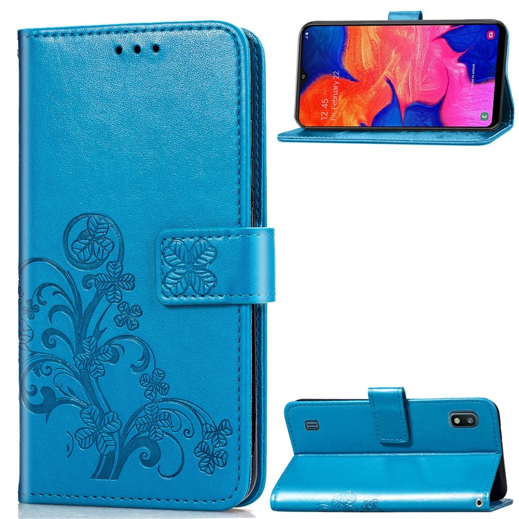 Imprint Four Leaf Clover Leather Wallet Stand Case with Strap for Samsung Galaxy A10 - Blue-1