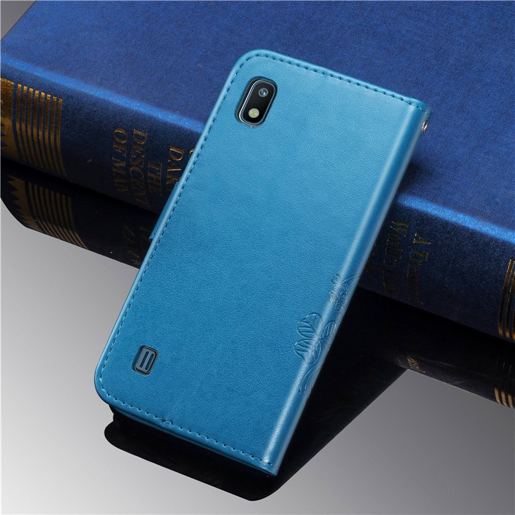 Imprint Four Leaf Clover Leather Wallet Stand Case with Strap for Samsung Galaxy A10 - Blue-11