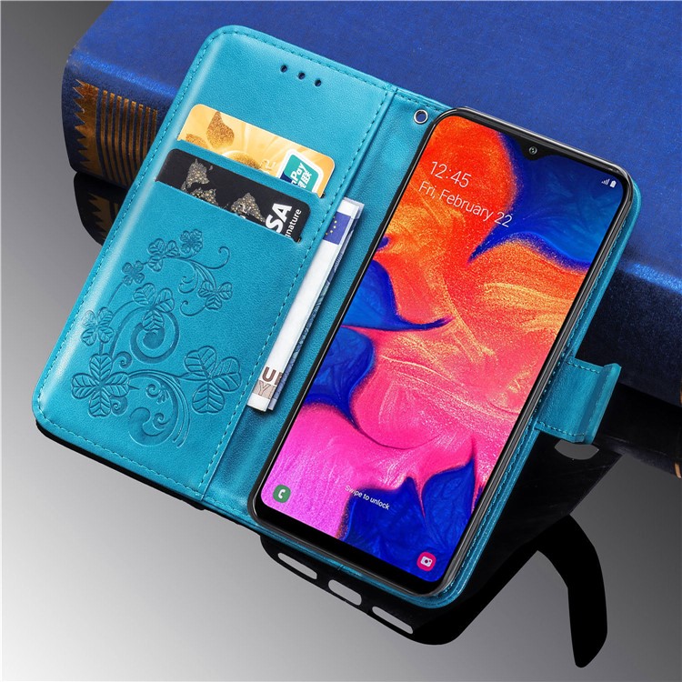 Imprint Four Leaf Clover Leather Wallet Stand Case with Strap for Samsung Galaxy A10 - Blue-12
