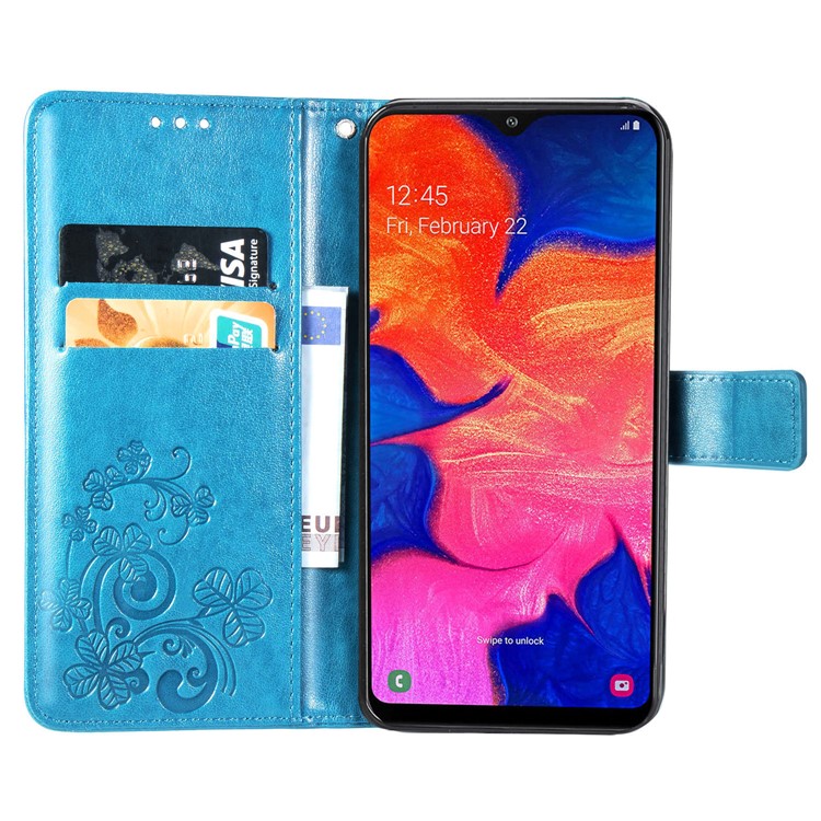 Imprint Four Leaf Clover Leather Wallet Stand Case with Strap for Samsung Galaxy A10 - Blue-4