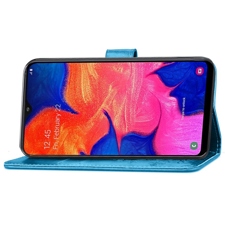 Imprint Four Leaf Clover Leather Wallet Stand Case with Strap for Samsung Galaxy A10 - Blue-5