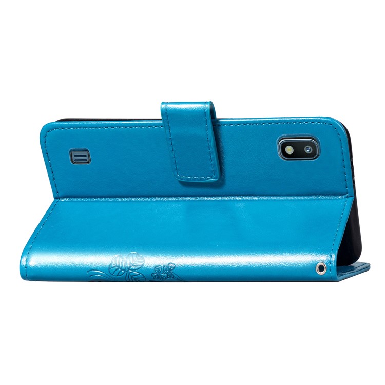 Imprint Four Leaf Clover Leather Wallet Stand Case with Strap for Samsung Galaxy A10 - Blue-6