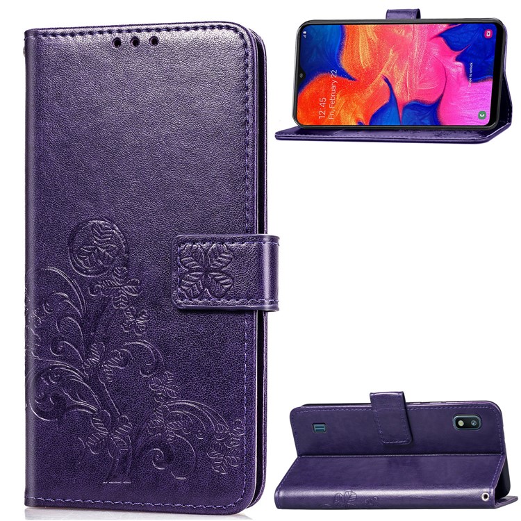 Imprint Four Leaf Clover Leather Wallet Stand Case with Strap for Samsung Galaxy A10 - Purple-1