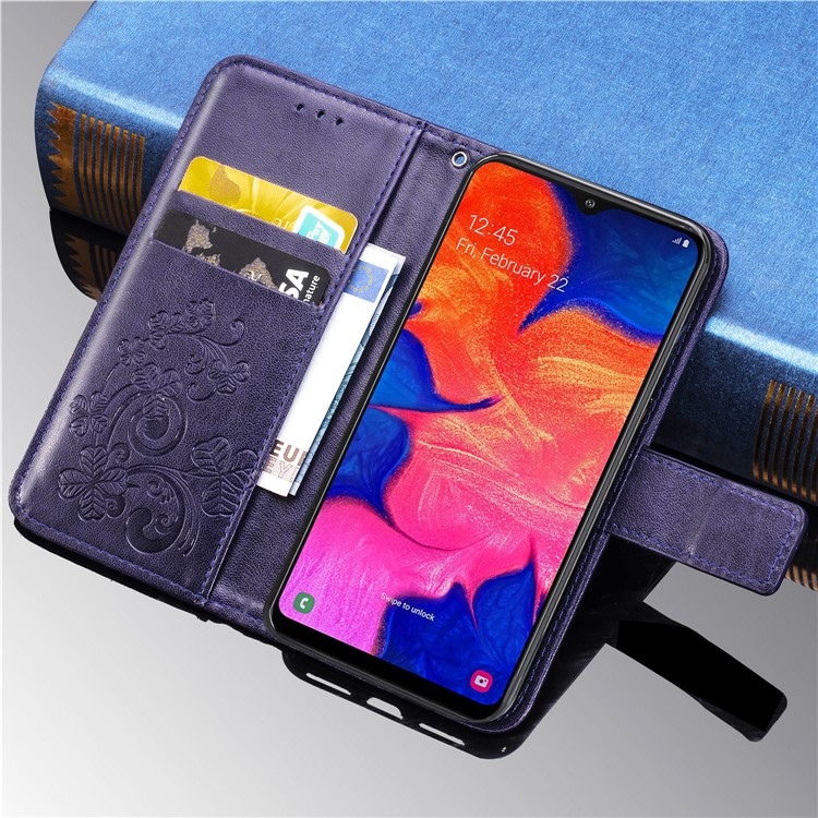 Imprint Four Leaf Clover Leather Wallet Stand Case with Strap for Samsung Galaxy A10 - Purple-12