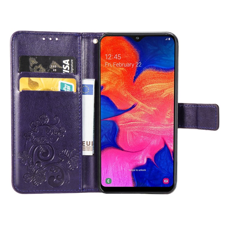 Imprint Four Leaf Clover Leather Wallet Stand Case with Strap for Samsung Galaxy A10 - Purple-4