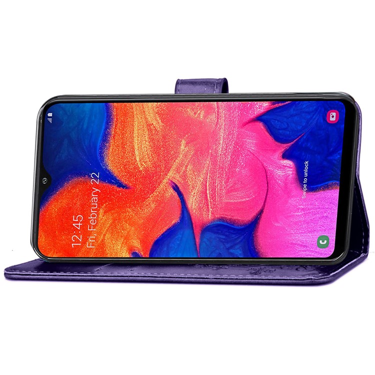Imprint Four Leaf Clover Leather Wallet Stand Case with Strap for Samsung Galaxy A10 - Purple-5