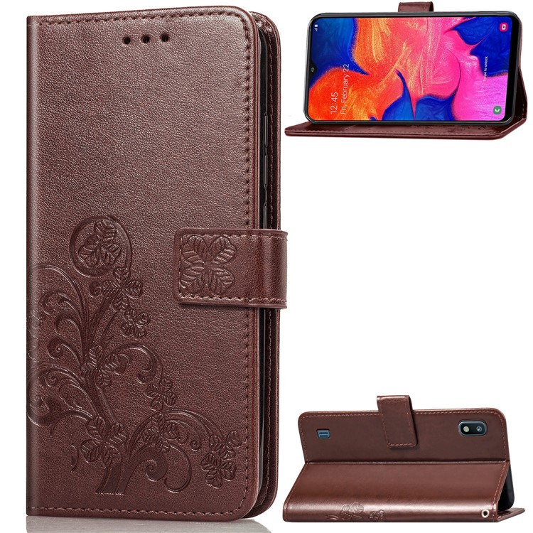 Imprint Four Leaf Clover Leather Wallet Stand Case with Strap for Samsung Galaxy A10 - Brown-1
