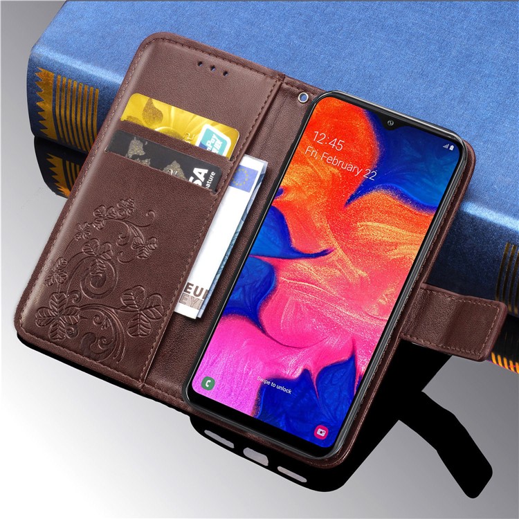 Imprint Four Leaf Clover Leather Wallet Stand Case with Strap for Samsung Galaxy A10 - Brown-11