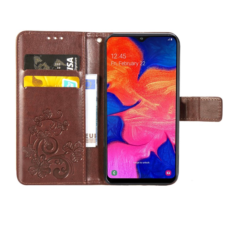 Imprint Four Leaf Clover Leather Wallet Stand Case with Strap for Samsung Galaxy A10 - Brown-4