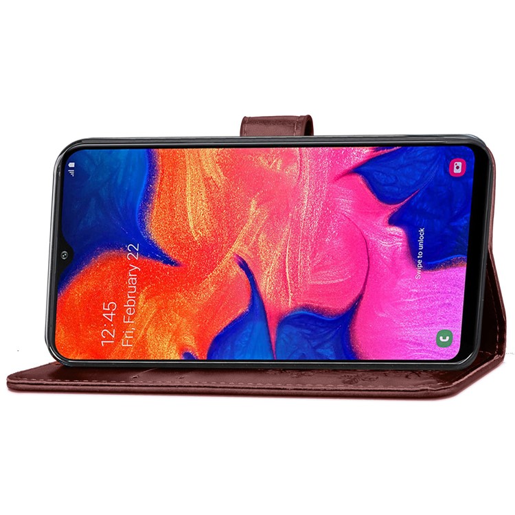Imprint Four Leaf Clover Leather Wallet Stand Case with Strap for Samsung Galaxy A10 - Brown-5
