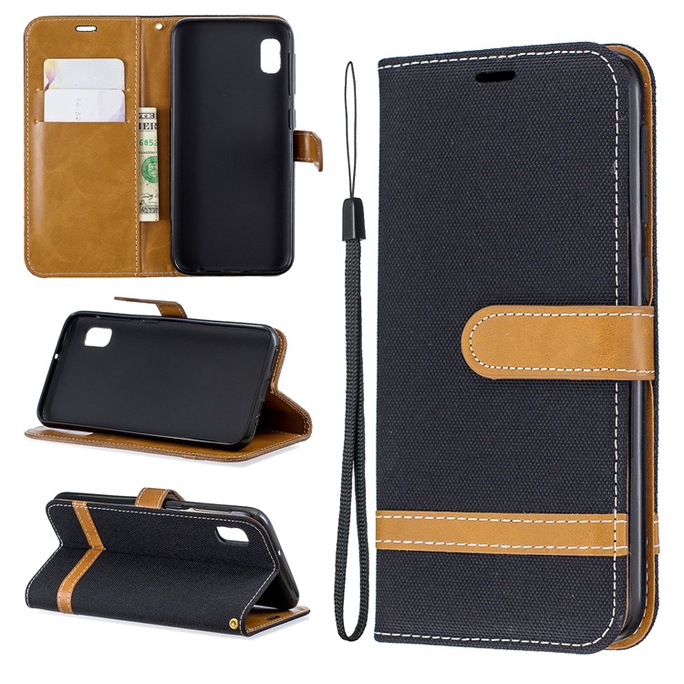 Assorted Color Jeans Cloth Wallet Stand Leather Case for Samsung Galaxy A10e - Black-1